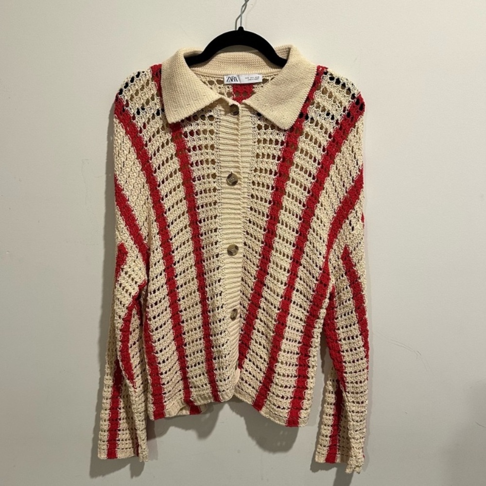 Zara Crochet Cardigan, buttons, beige/ red, striped, NWOT, M - Picture 5 of 6